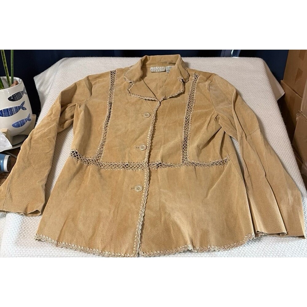 Vintage White Stag Tan Suede Leather Crochet Trim Jacket Women’s XL (16/18)